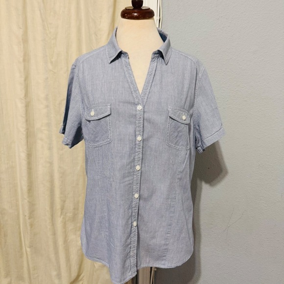 Faded Glory Tops - Faded Glory Womens Blue Pinstripe 100% Cotton Short Sleeve Button Down Shirt XL